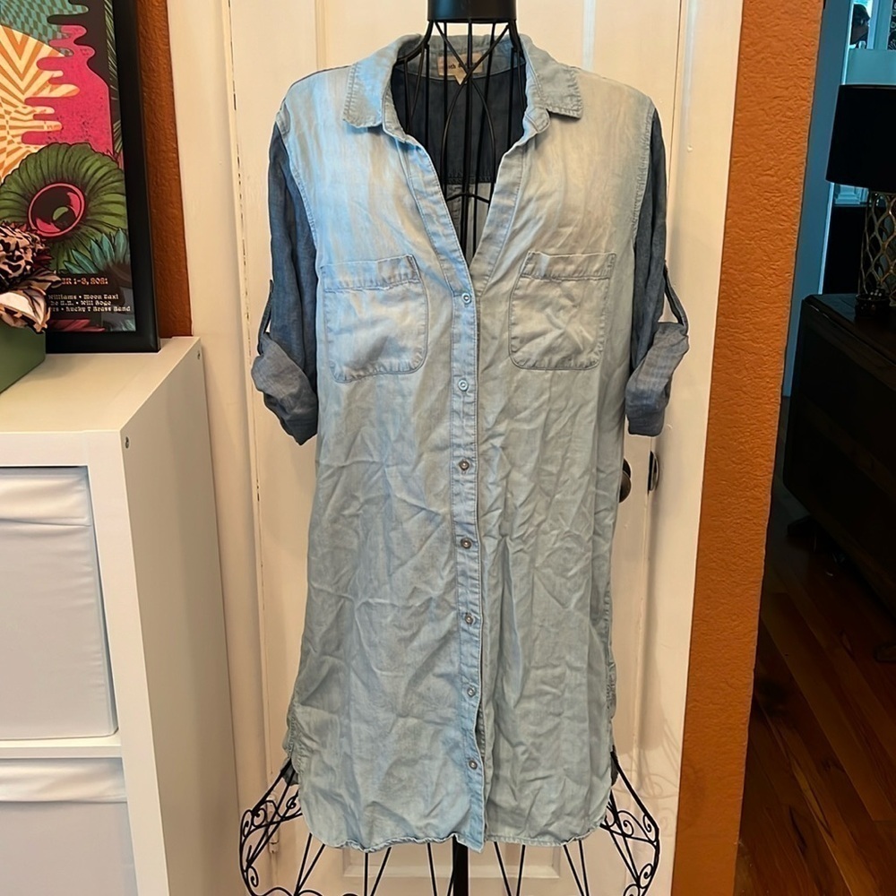 Anthropologie Cloth & Stone Two Tone Chambray Shirt Dress-Sz L